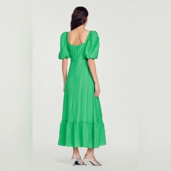 Sandro Falbala Green Puff Sleeve Midi Dress S | Cutout Ruffle Hem Rainbow Jewel - Picture 11 of 11
